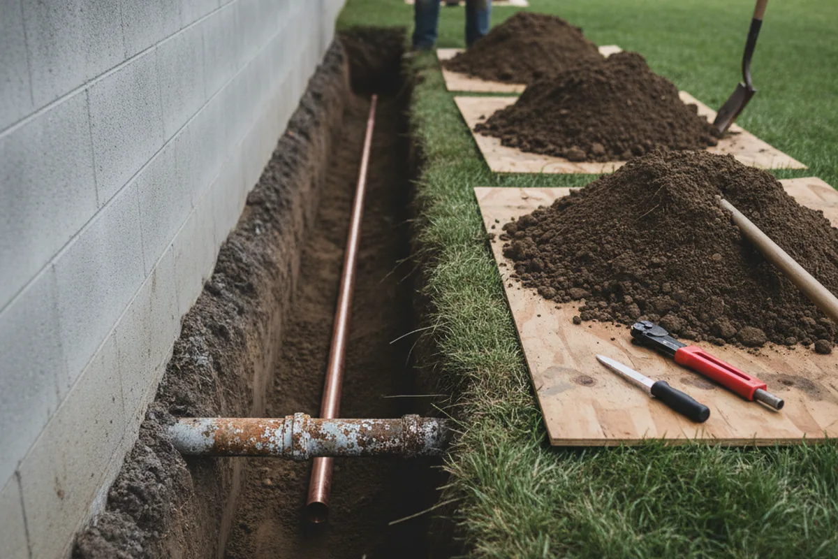 Excavated water line trench during Water Softener Installation in Richlands